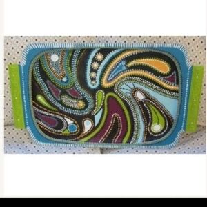 Upcycled vtg metal tray handpainted swirls cosmos original